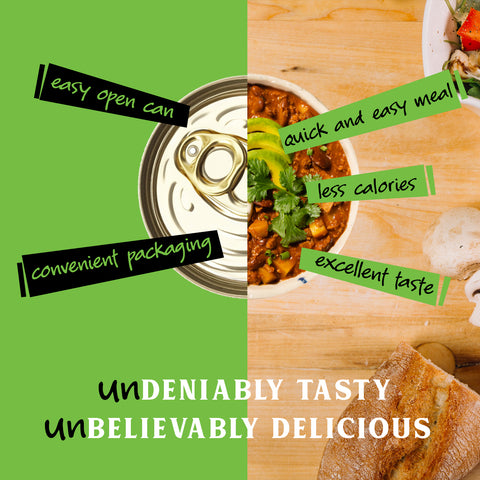 Canned food with text highlighting benefits on a green background, and a bowl of chili with beans on a wooden surface.