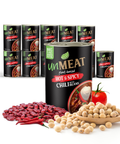 Twelve cans of 'Unmeat' hot and spicy chili with beans on a white background, surrounded by ingredients.