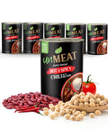 Six cans of 'Unmeat' plant-based hot and spicy chili with ingredients on a white background