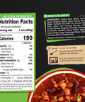 Nutrition facts label and ingredients list for a can of chili with beans hot and spicy flavor on a black background.