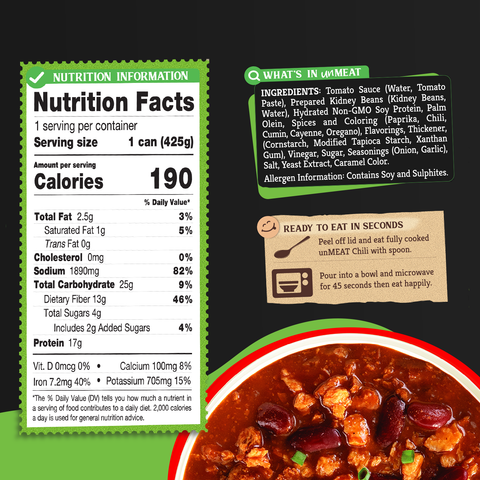 Nutrition facts label and ingredients list for a can of chili with beans hot and spicy flavor on a black background.