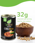 Canned chili with beans, protein content label and a bowl of soybeans on a white background