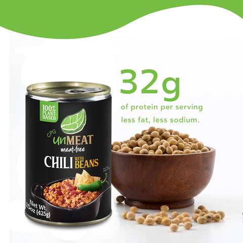 Canned chili with beans, protein content label and a bowl of soybeans on a white background