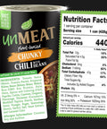 Can of 'UnMEAT' plant-based chunky chili with nutrition facts label and ingredients list on a black background