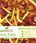 A bowl of plant-based chunky chili with beans and  visible 'unMEAT' branding and health benefits