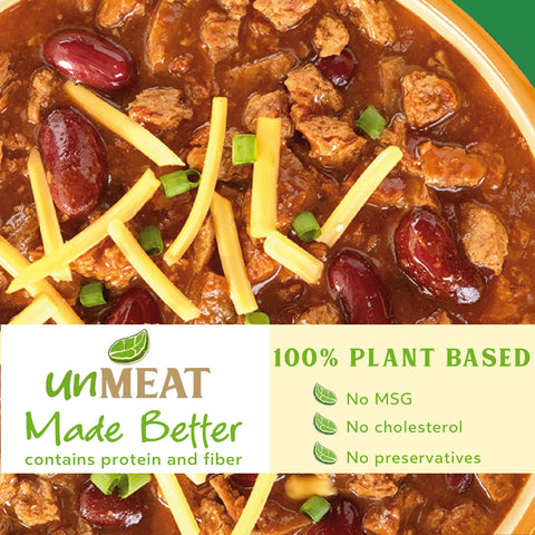 A bowl of plant-based chunky chili with beans and  visible 'unMEAT' branding and health benefits