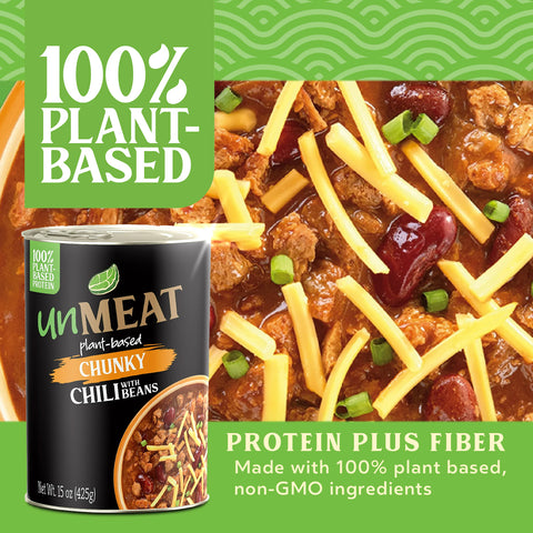 Canned plant-based chunky chili with beans and text highlighting plant-based ingredients.