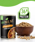Can of 'unMEAT' plant-based chunky chili with beans and protein content label on a white background.