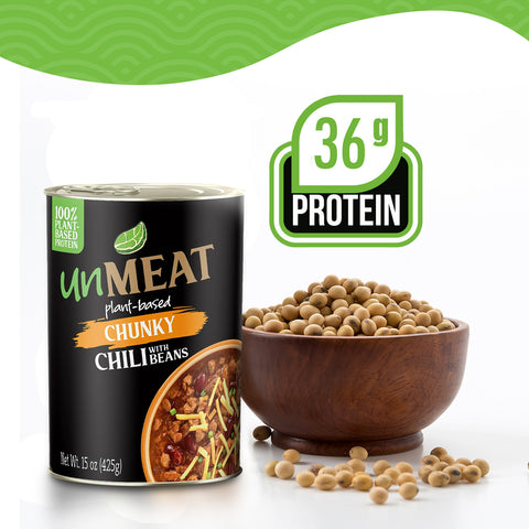 Can of 'unMEAT' plant-based chunky chili with beans and protein content label on a white background.