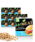Twelve UnMeat plant-based classic luncheon meat packaging with soybeans on a white background