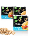 Three cans of 'unMEAT' classic plant-based luncheon meat with a scoop of beans on a white background.