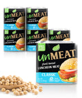 Six UnMeat plant-based classic luncheon meat cans with soybeans on a white background