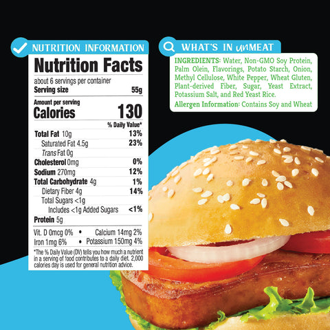 Nutrition facts label for Unmeat Luncheon classic with ingredients list on a black background