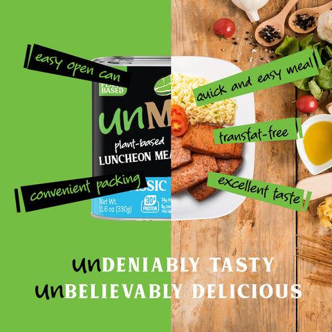 Plant-based luncheon meat classic can and a plate of food with text highlighting benefits on a green and wooden background.