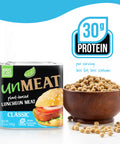 UnMeat plant-based luncheon meat classic packaging, 30 grams of protein with a bowl of soybeans on a white background