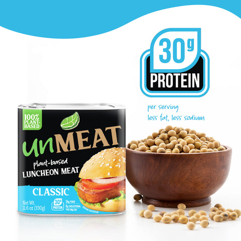 UnMeat plant-based luncheon meat classic packaging, 30 grams of protein with a bowl of soybeans on a white background