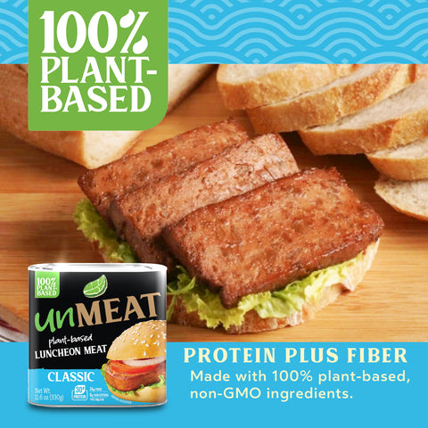 Plant-based luncheon meat classic package with sandwich and bread slices on a wooden board