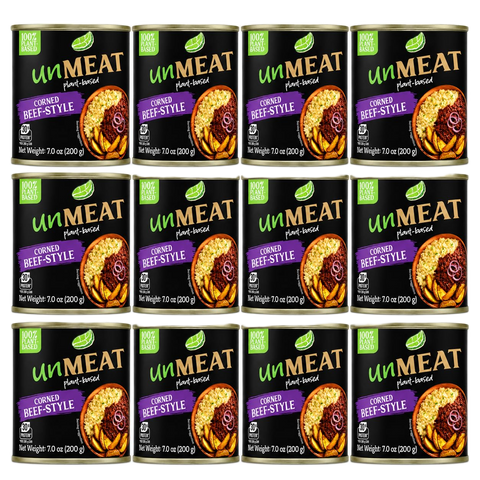 Twelve cans of 'UnMeat' corned beef style product on a white background