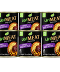 Six cans of 'unMEAT' corned beef style product on a white background