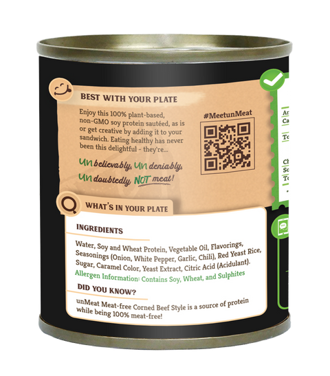 Can of 'Unmeat' corned beef product with label and ingredients list