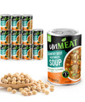 Twelve cans of UnMeat country beef vegetable soup with soybeans on a white background