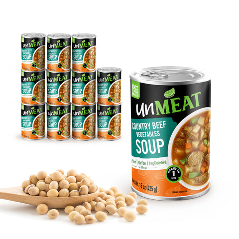 Twelve cans of UnMeat country beef vegetable soup with soybeans on a white background