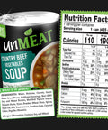 UnMeat Country Beef Vegetables Soup packaging with nutrition facts label  and ingredients list on a black background