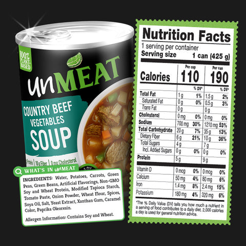 UnMeat Country Beef Vegetables Soup packaging with nutrition facts label  and ingredients list on a black background