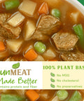 Bowl of country beef and vegetables soup with an 'unMEAT' label indicating it's plant-based.