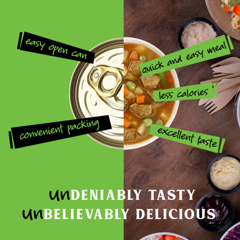 Split image with a can of soup on one side and a bowl of country beef and vegetables soup on the other, with text highlighting benefits.