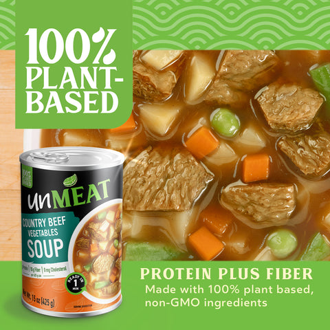 Can of unMEAT country beef vegetables soup with text highlighting plant-based and protein fiber content on a green background.