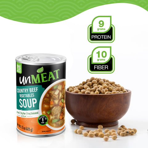 Can of unMEAT country beef vegetables soup with a bowl of beans and protein and fiber information on a white background.