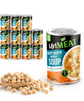 Twelve cans of UnMeat Hearty Chicken Noodle Soup with soybeans on a white background