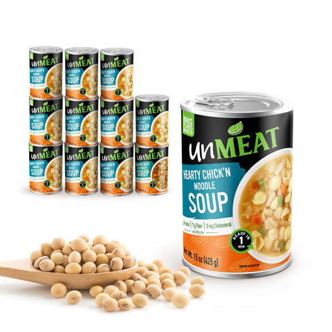 Twelve cans of UnMeat Hearty Chicken Noodle Soup with soybeans on a white background