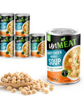 Six cans of UnMeat chicken noodle soup with a scoop of soybeans on a white background