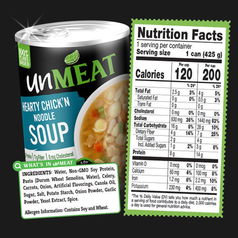 UnMEAT Hearty Chick'n Noodle Soup can with nutrition label and ingredients list on a black background