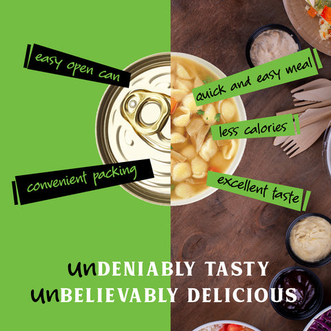 Split image with a can of hearty chicken noodle soup on one side and a bowl of soup on the other, with text highlighting benefits.