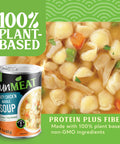 UnMeat hearty chicken noodle soup can with plant-based soup in the background on a green background