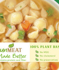 Plant-based hearty chicken noodle soup with key health benefits and 'unMEAT' branding