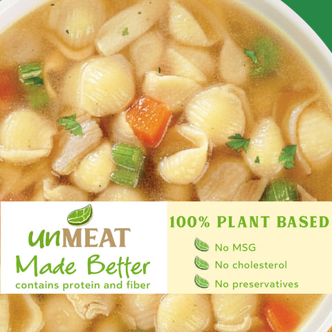Plant-based hearty chicken noodle soup with key health benefits and 'unMEAT' branding