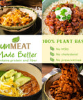 Collage of plant-based chili hot and spicy dishes with 'unMEAT Made Better' branding and health benefits text.