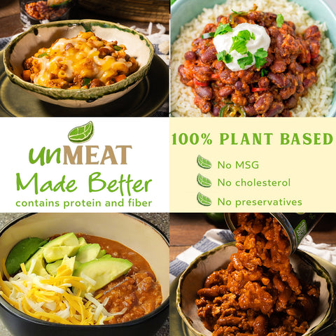 Collage of plant-based chili hot and spicy dishes with 'unMEAT Made Better' branding and health benefits text.