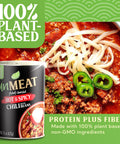 Canned hot and spicy chili with plant-based meat alternative and text highlighting plant-based ingredients.