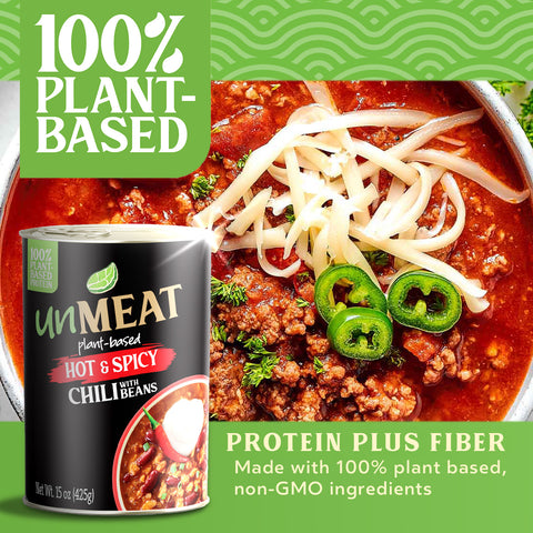 Canned hot and spicy chili with plant-based meat alternative and text highlighting plant-based ingredients.