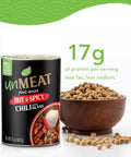 Can of 'unMEAT' plant-based hot & spicy chili with beans with a bowl of soybeans and protein information on a white background.