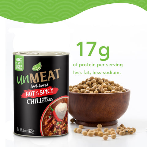 Can of 'unMEAT' plant-based hot & spicy chili with beans with a bowl of soybeans and protein information on a white background.