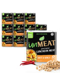 UnMEAT plant-based hot and spicy 12-pack luncheon meat packaging on a white background