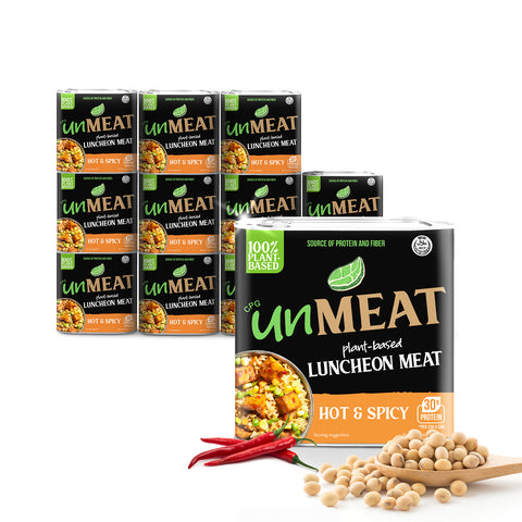 UnMEAT plant-based hot and spicy 12-pack luncheon meat packaging on a white background