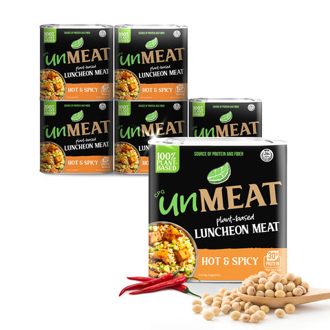 6 Cans of UnMeat plant-based luncheon meat hot and spicy flavor packaging on a white background