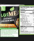 Plant-based luncheon meat hot and spicy flavor packaging with nutrition facts label on a black background